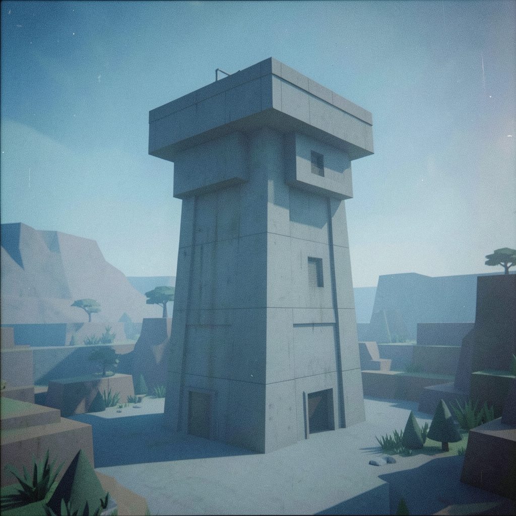 A low-poly concrete bunker tower rising from floating islands against a pale sky, rendered in muted sage greens and warm stone grays with soft film grain.