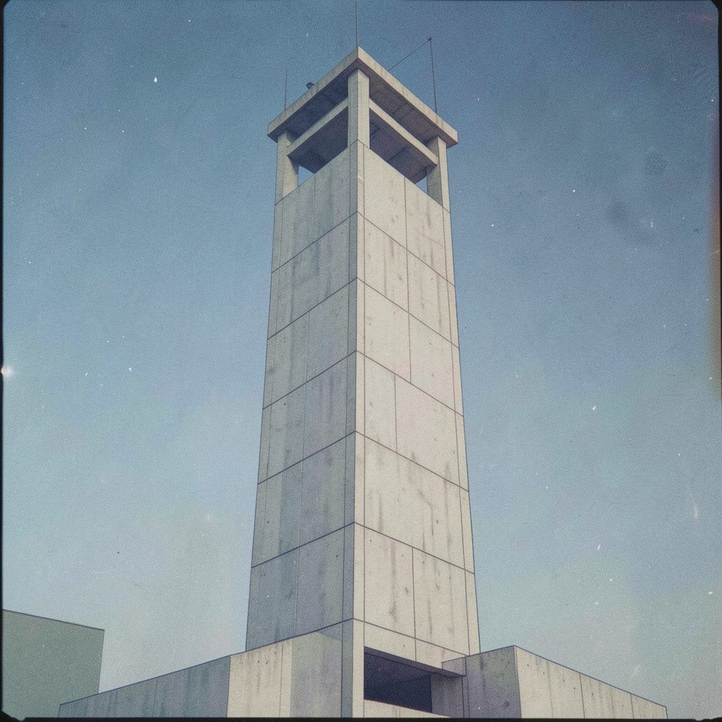 A low-poly concrete tower sketch with blocky geometric forms, rendered in muted sage green and warm gray against a soft cream background with film grain.