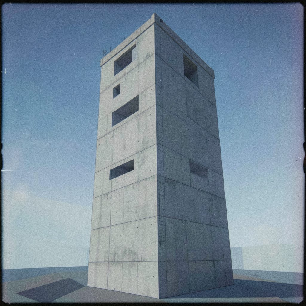A low-poly concrete tower sketch with clean geometric lines against a pale mint sky, rendered in soft sage and stone gray with film grain texture.