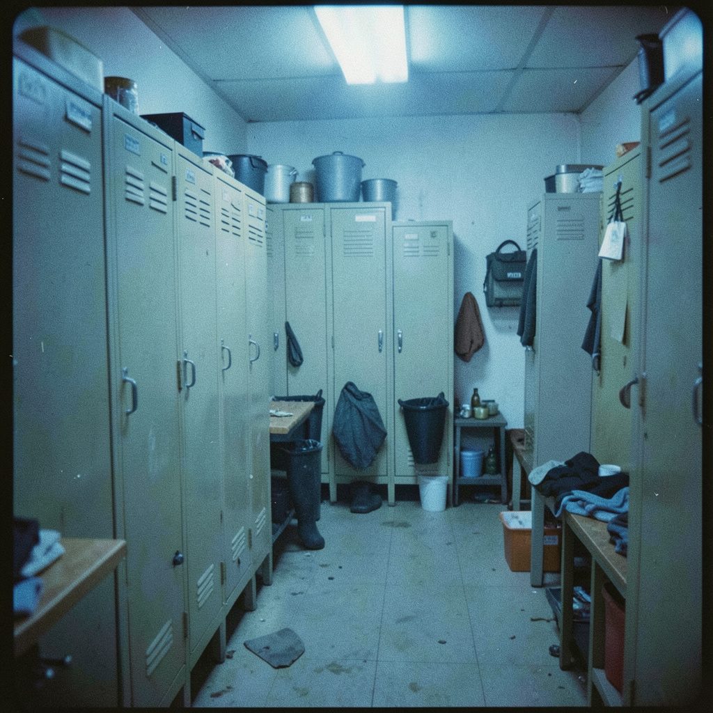 A dimly lit industrial locker room with rows of metal lockers, warm amber light casting long shadows across the tiled floor, moody and atmospheric.
