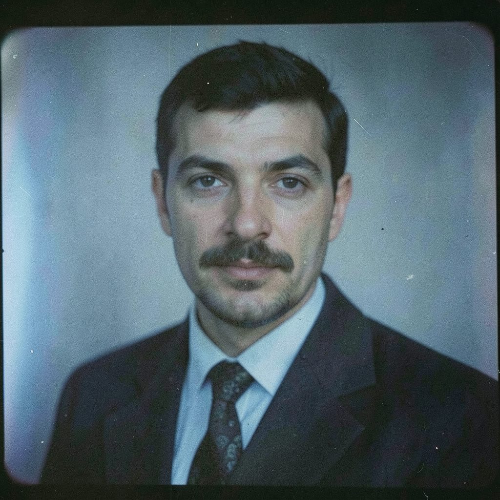 A grainy analog portrait of a young artist with short hair, wearing a light-colored shirt, against a soft neutral background with warm undertones.